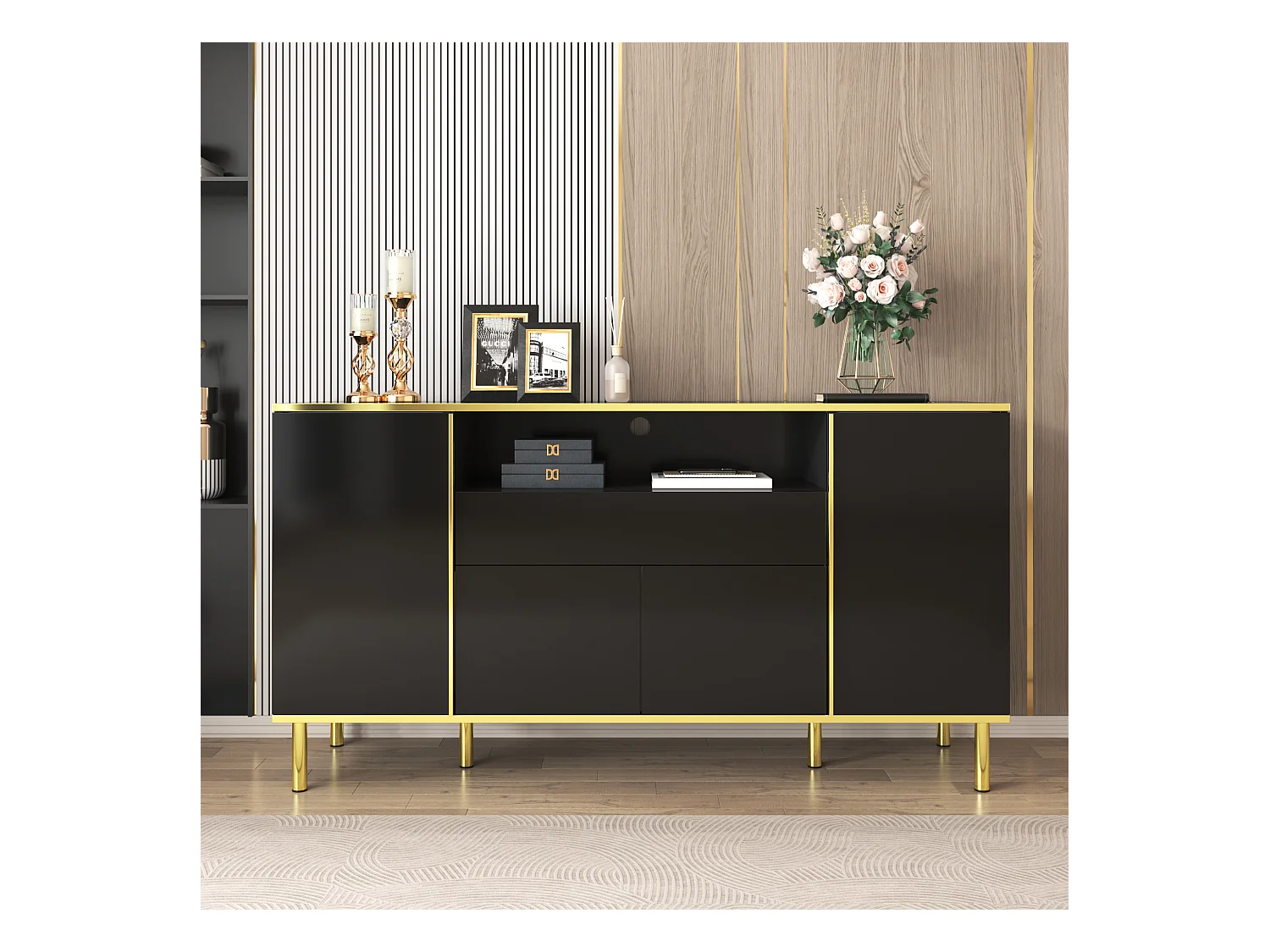 Aparador em MDF lacado preto com 1 gaveta, iluminação LED, quarto, sala de estar, arrumação, 150 x 40 x 80 cm