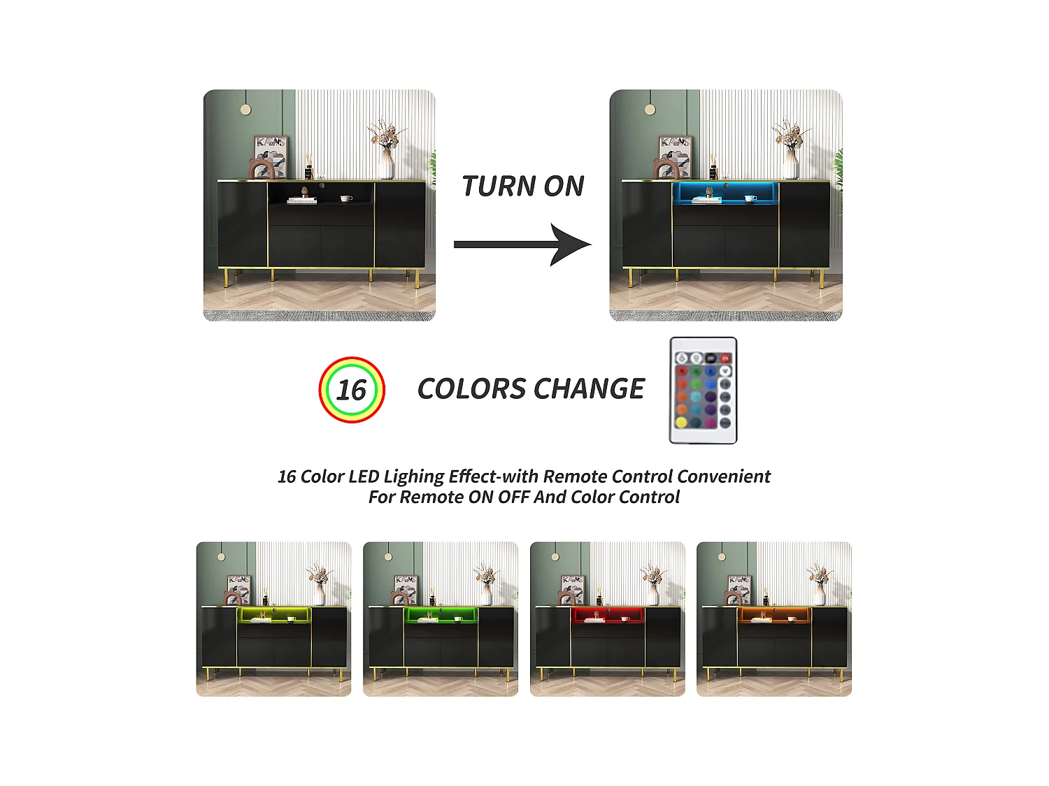 Aparador em MDF lacado preto com 1 gaveta, iluminação LED, quarto, sala de estar, arrumação, 150 x 40 x 80 cm