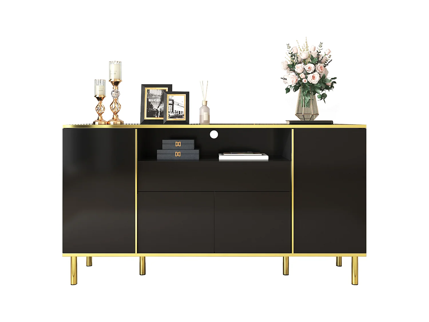 Aparador em MDF lacado preto com 1 gaveta, iluminação LED, quarto, sala de estar, arrumação, 150 x 40 x 80 cm