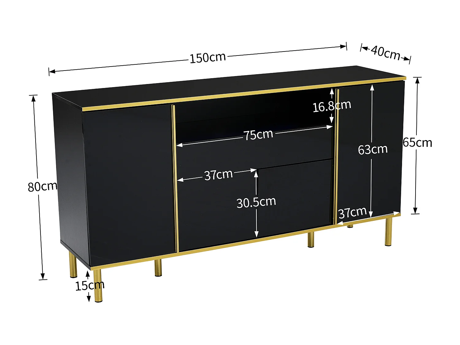 Aparador de MDF lacado en negro con 1 cajón, iluminación LED, dormitorio, salón, almacenaje, 150 x 40 x 80 cm