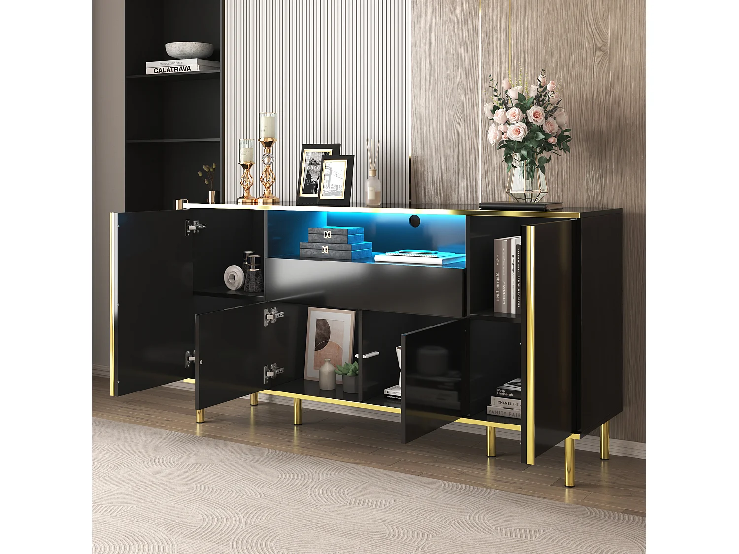 Aparador de MDF lacado en negro con 1 cajón, iluminación LED, dormitorio, salón, almacenaje, 150 x 40 x 80 cm