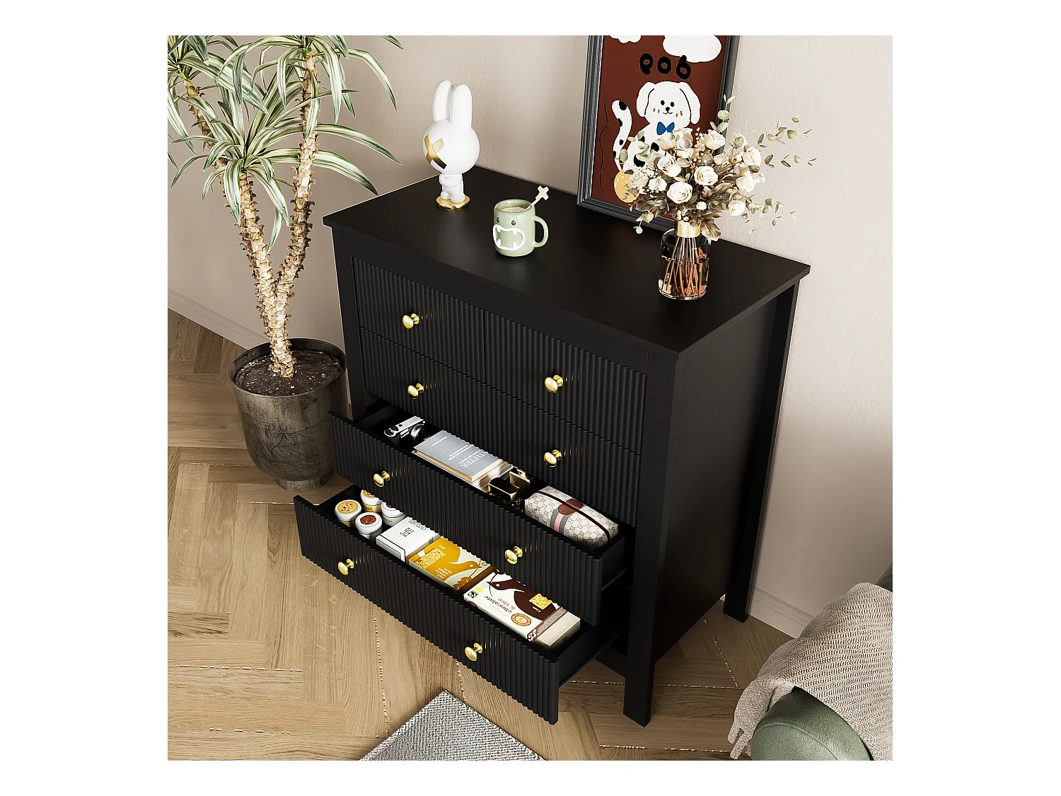 Comò 5 cassetti bois noir rangement chambre salon design élégant 79x80,5x39,5 cm