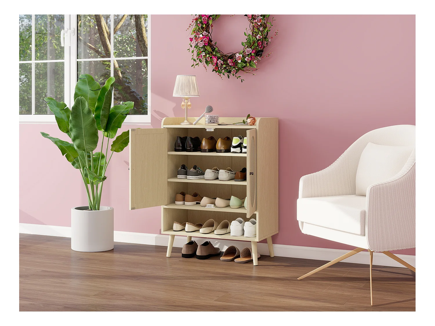 Sapateira de aglomerado com 2 portas, design de vime natural, 68x35x90 cm