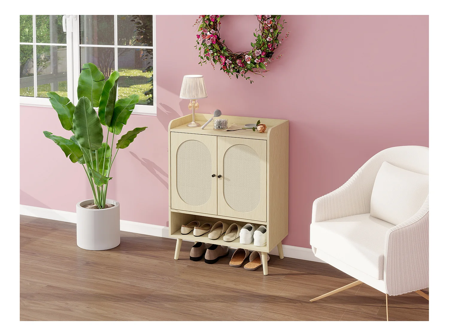 Sapateira de aglomerado com 2 portas, design de vime natural, 68x35x90 cm