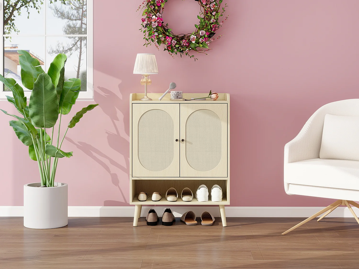 Zapatero de aglomerado con 2 puertas, diseño ratán natural, 68x35x90 cm