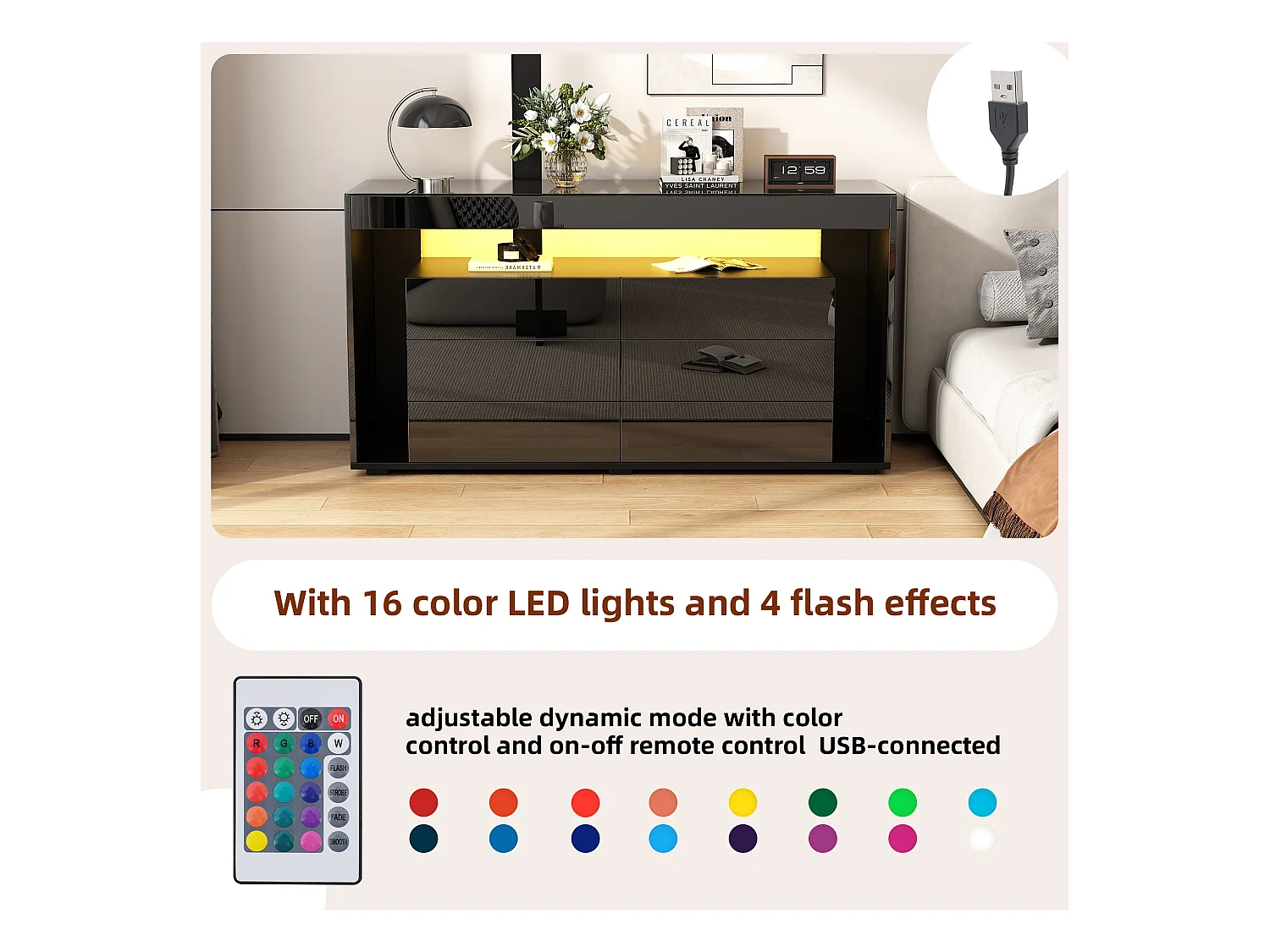 Aparador preto brilhante com LED 6 gavetas de vidro temperado moderno sala de estar armazenamento 140 cm