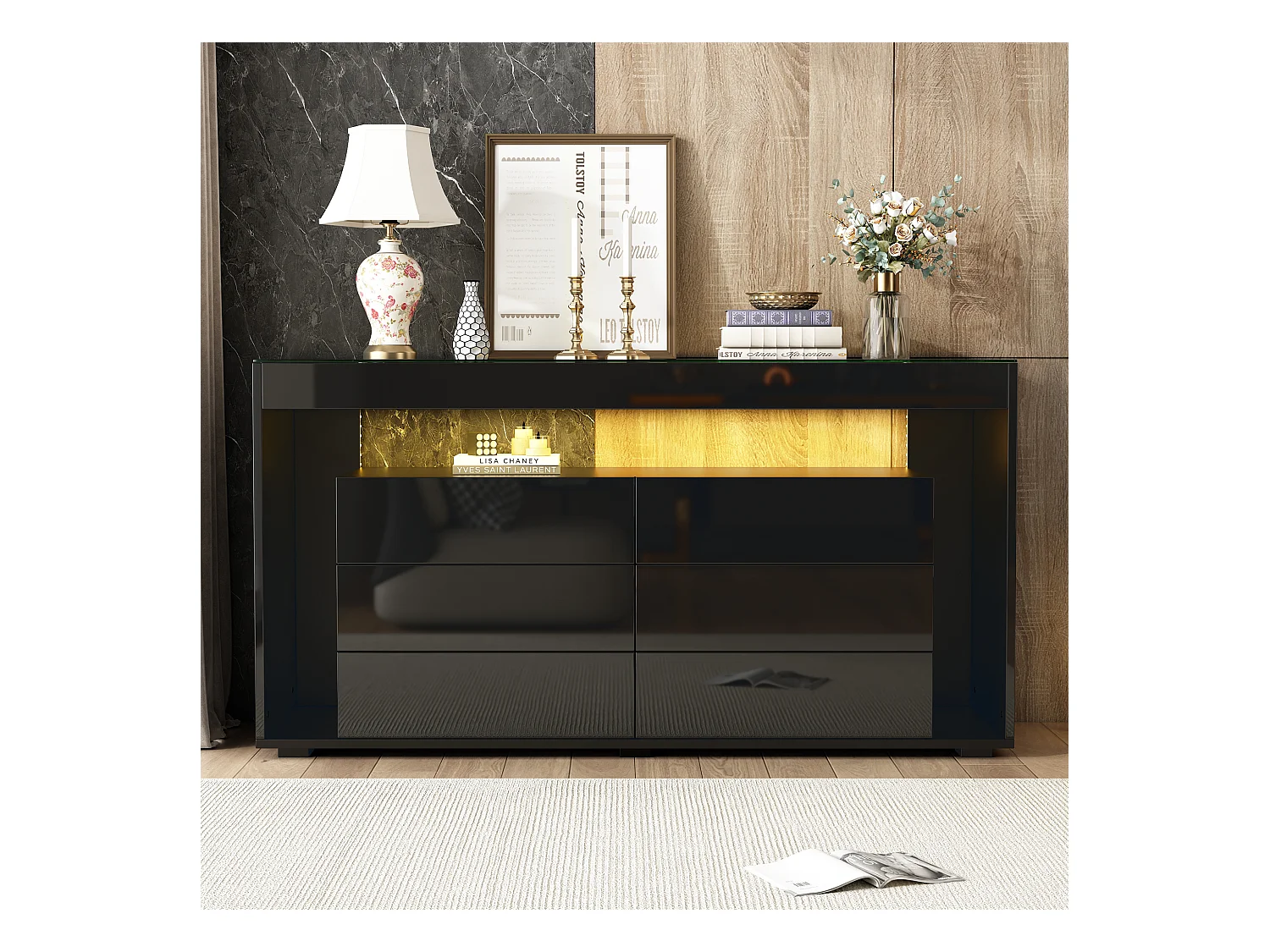 Aparador preto brilhante com LED 6 gavetas de vidro temperado moderno sala de estar armazenamento 140 cm