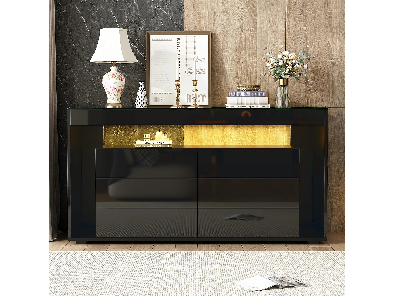 Aparador negro brillante con LED, 6 cajones de cristal templado, moderno salón, almacenaje, 140 cm