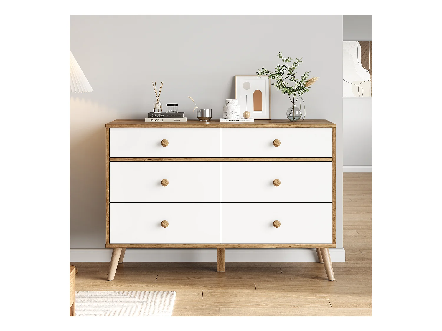 Cômoda de madeira MDF 6 gavetas armazenamento quarto sala de estar estilo nórdico carvalho branco 116x40x80 cm