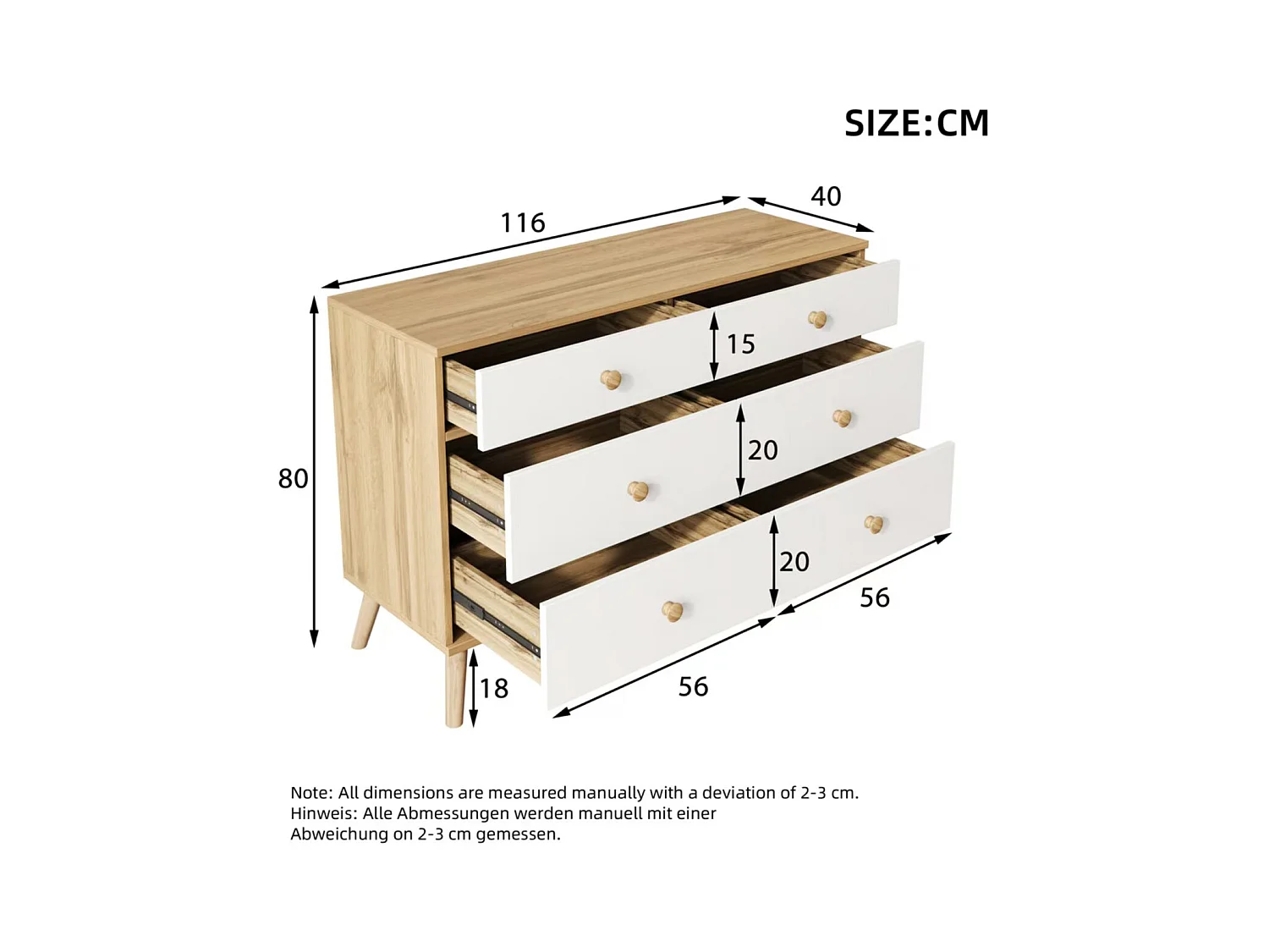 Cômoda de madeira MDF 6 gavetas armazenamento quarto sala de estar estilo nórdico carvalho branco 116x40x80 cm