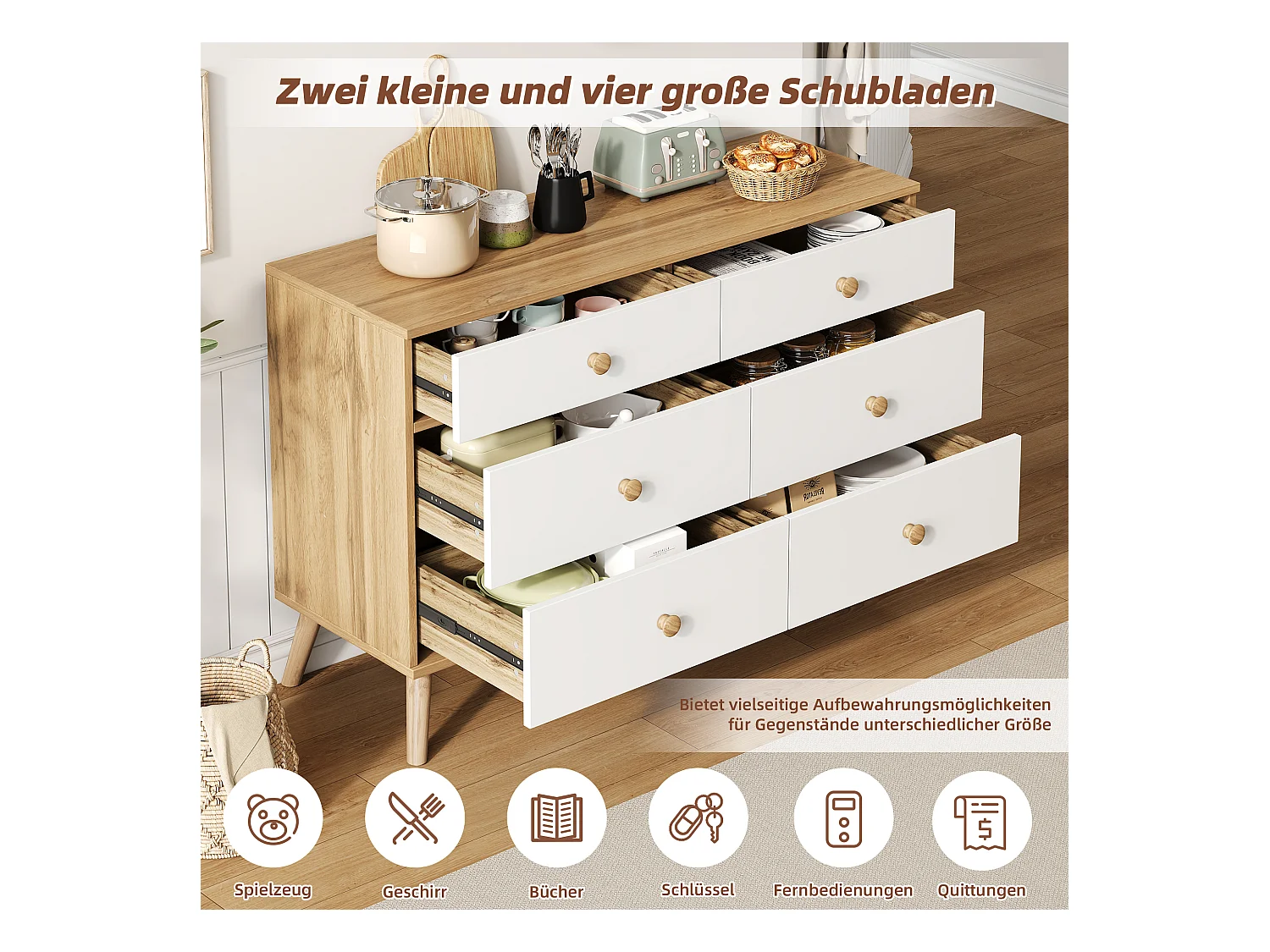 Cômoda de madeira MDF 6 gavetas armazenamento quarto sala de estar estilo nórdico carvalho branco 116x40x80 cm