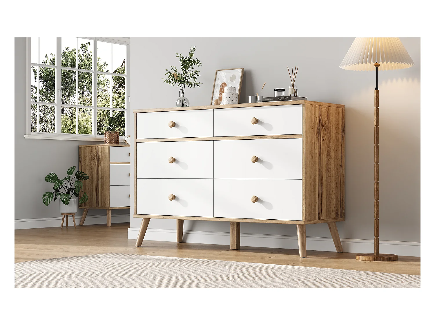 Cômoda de madeira MDF 6 gavetas armazenamento quarto sala de estar estilo nórdico carvalho branco 116x40x80 cm