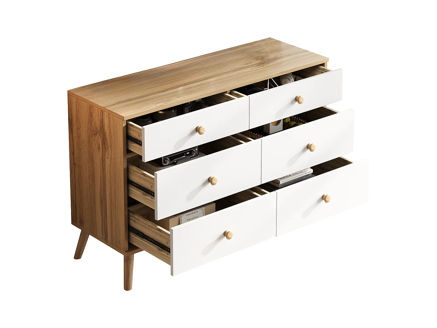 Cômoda de madeira MDF 6 gavetas armazenamento quarto sala de estar estilo nórdico carvalho branco 116x40x80 cm