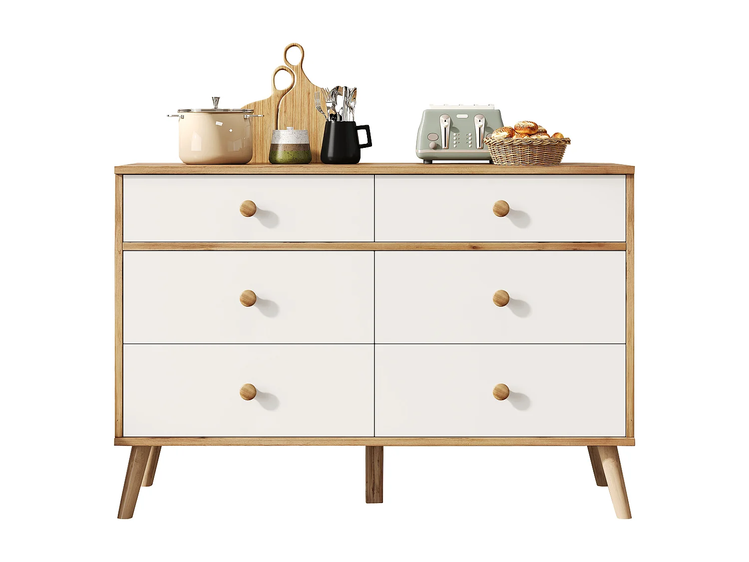 Cómoda de madera MDF 6 cajones almacenaje dormitorio salón estilo nórdico roble blanco 116x40x80 cm