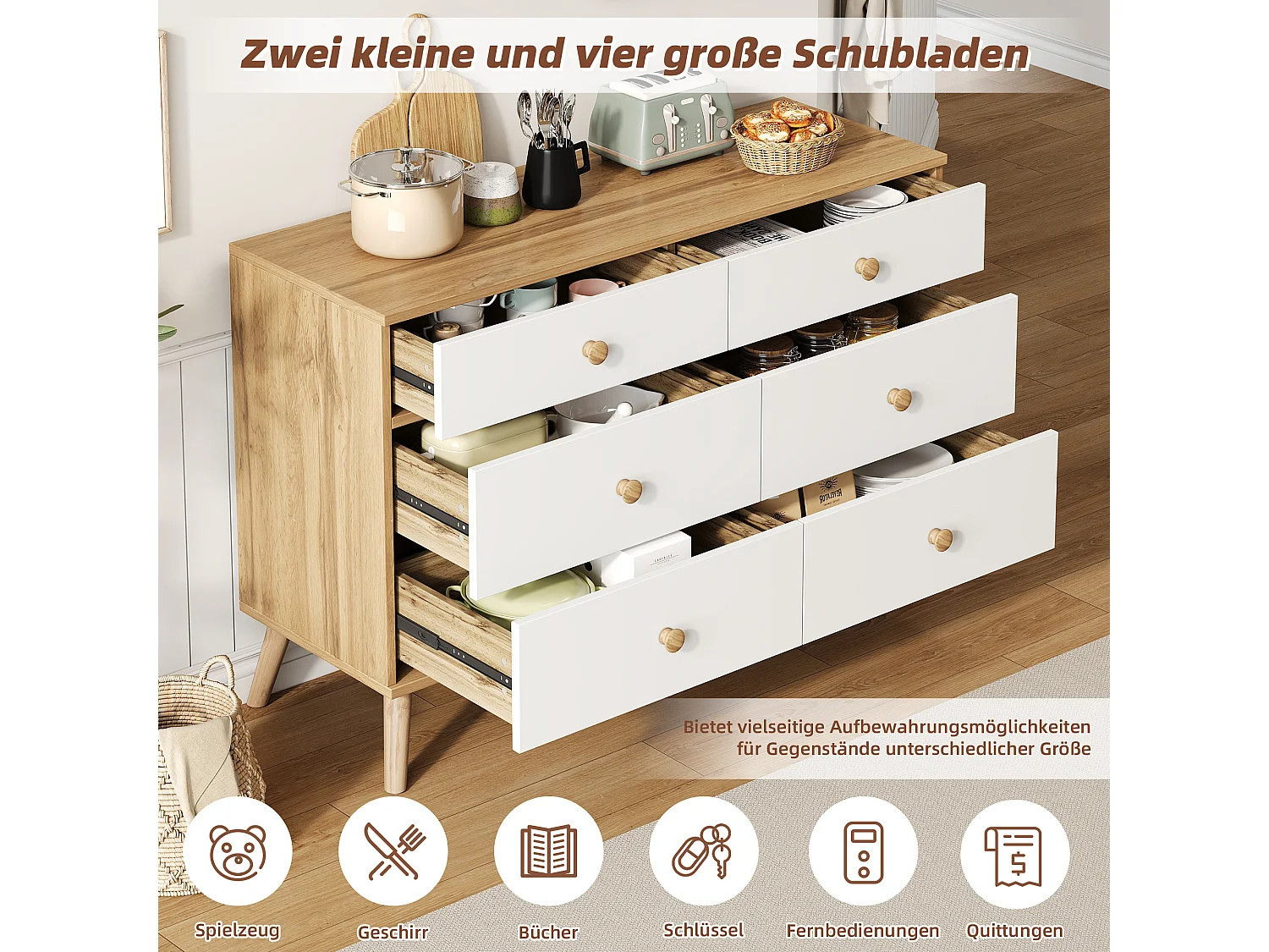 Cómoda de madera MDF 6 cajones almacenaje dormitorio salón estilo nórdico roble blanco 116x40x80 cm