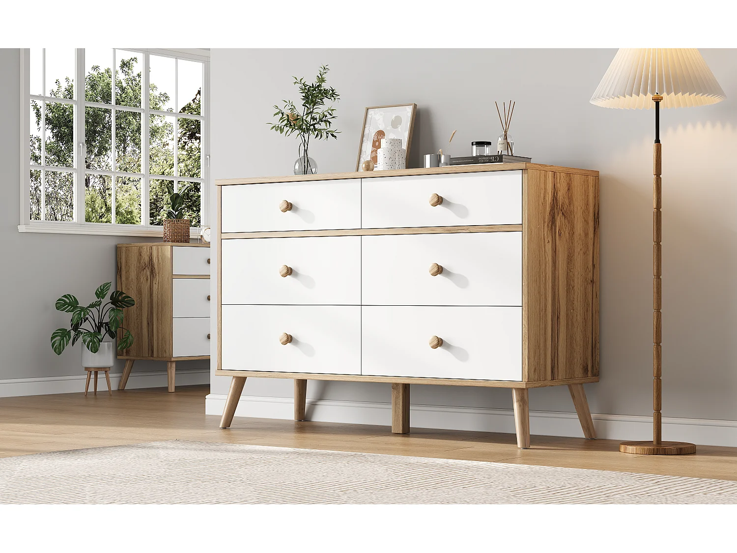 Cómoda de madera MDF 6 cajones almacenaje dormitorio salón estilo nórdico roble blanco 116x40x80 cm