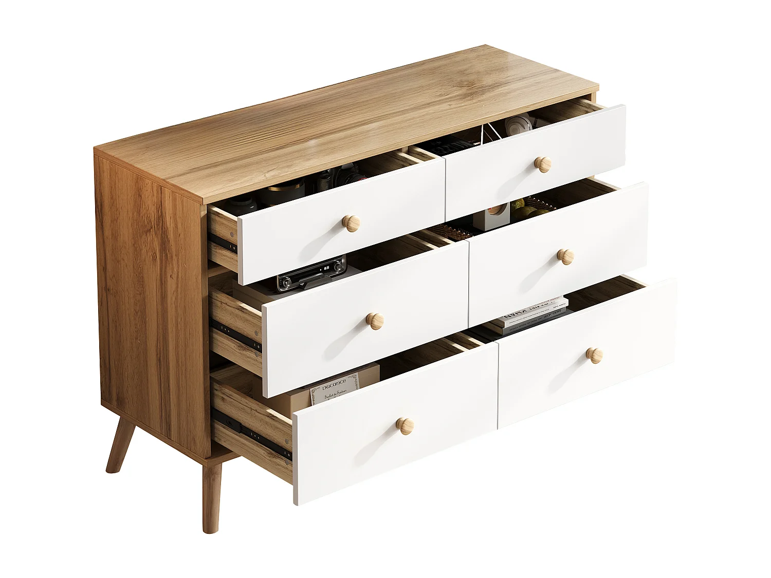 Cómoda de madera MDF 6 cajones almacenaje dormitorio salón estilo nórdico roble blanco 116x40x80 cm