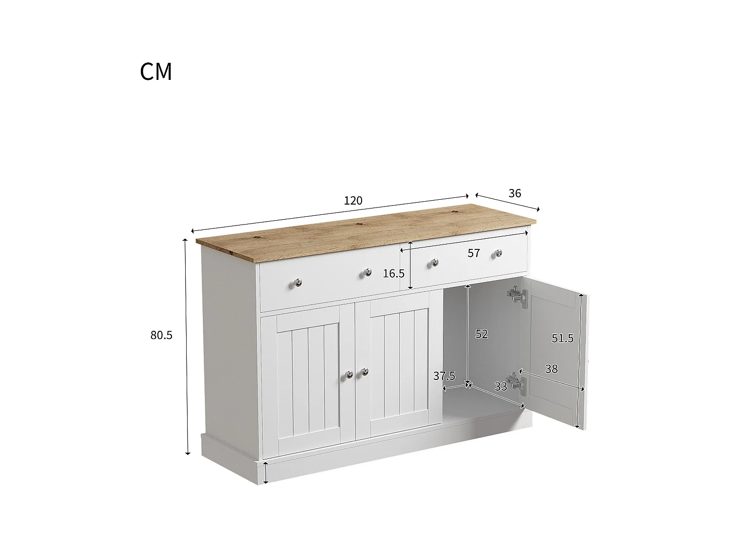 Buffet bois MDF 120 cm 3 porte 2 tiroirs salon séjour blanc et bois