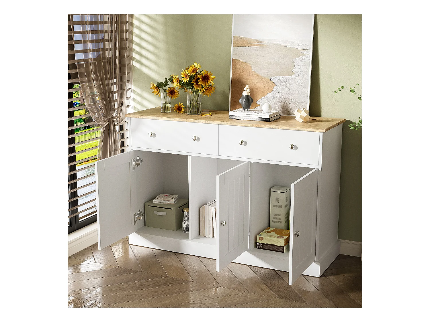 Buffet bois MDF 120 cm 3 porte 2 tiroirs salon séjour blanc et bois