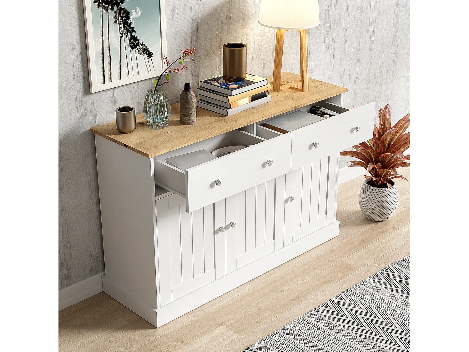 Buffet bois MDF 120 cm 3 porte 2 tiroirs salon séjour blanc et bois