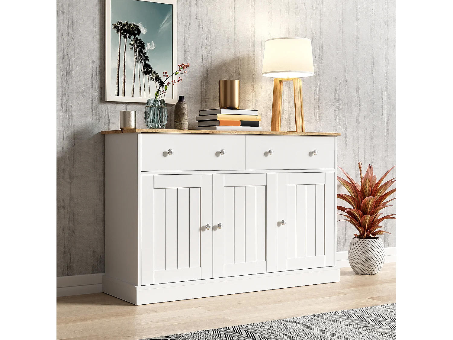 Buffet bois MDF 120 cm 3 porte 2 tiroirs salon séjour blanc et bois