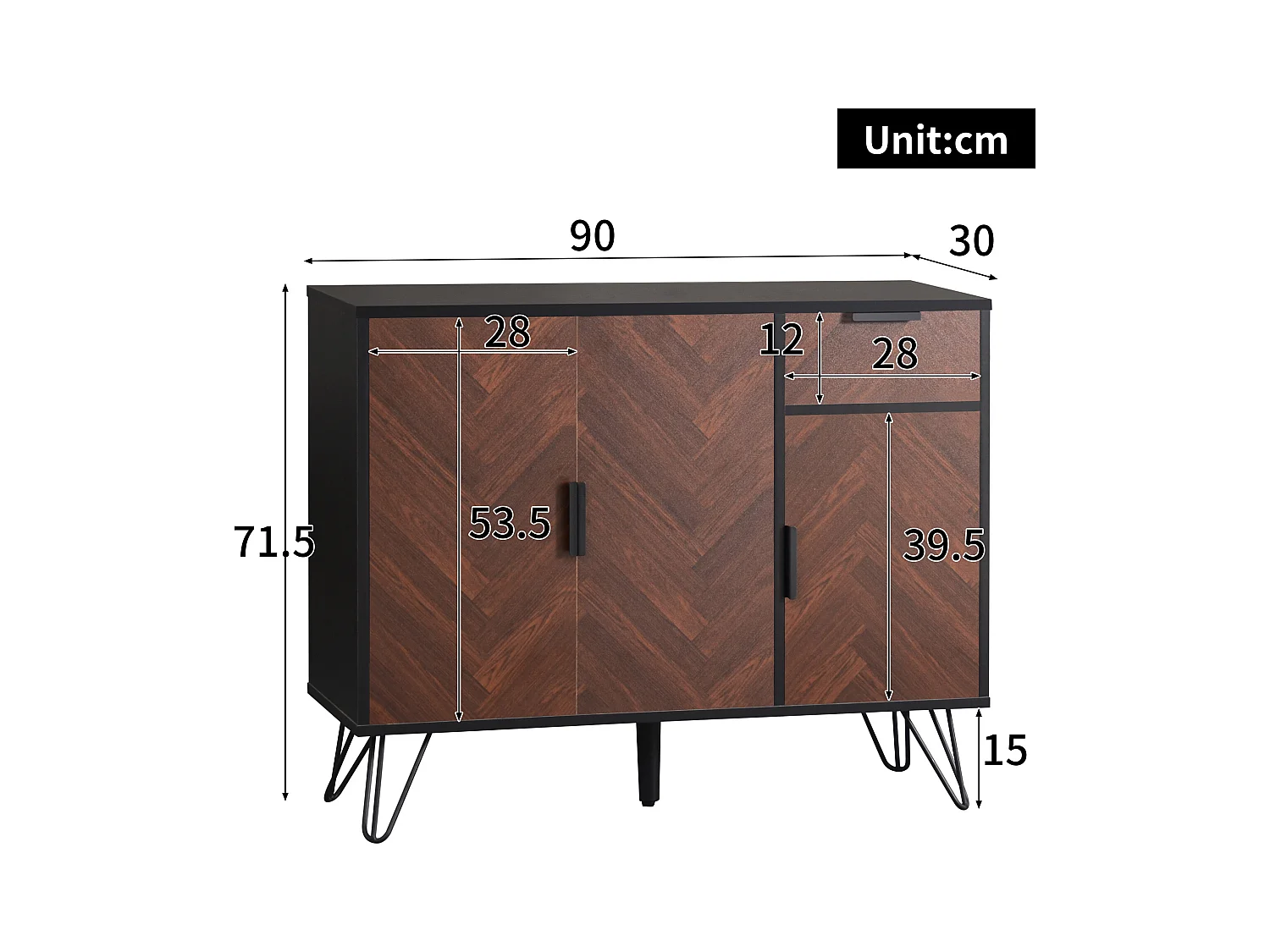 Aparador baixo em madeira MDF preta e carvalho, arrumação para sala e quarto, 90 x 30 x 71,5 cm, moderno