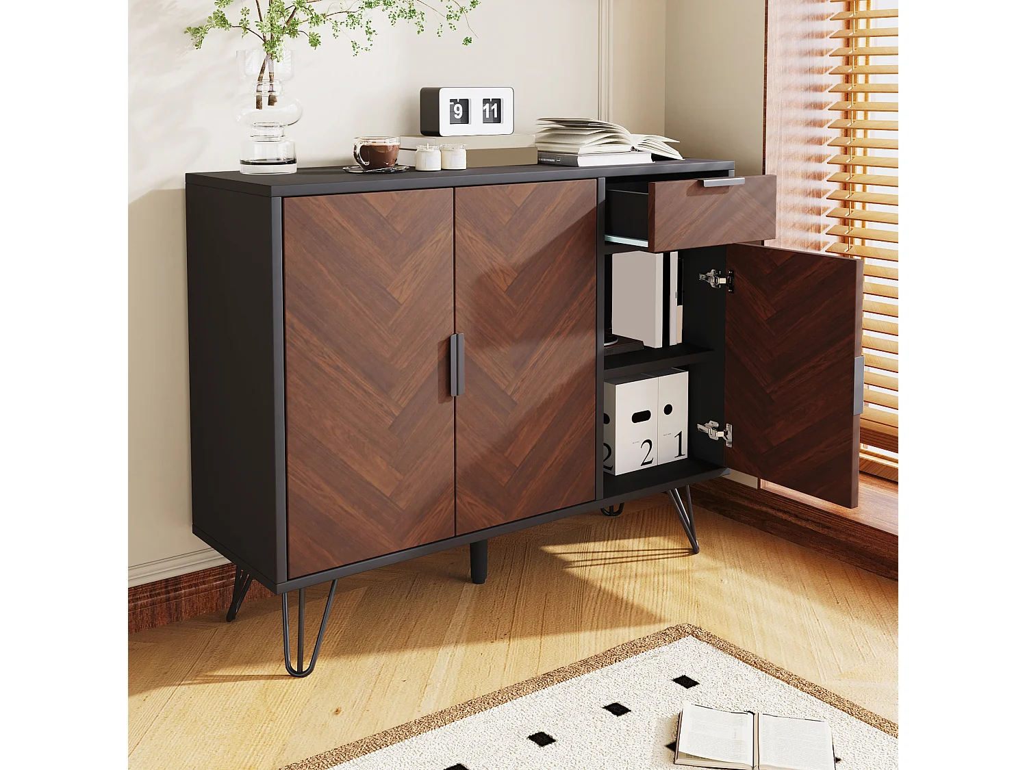 Buffet basso in legno MDF noir et chêne rangement salon chambre 90x30x71,5 cm moderno