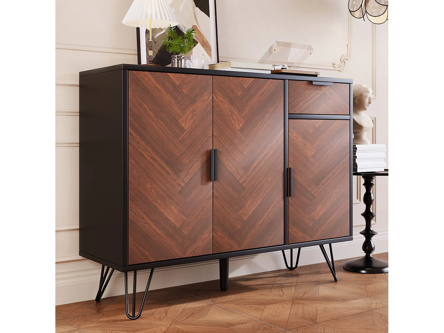 Buffet basso in legno MDF noir et chêne rangement salon chambre 90x30x71,5 cm moderno