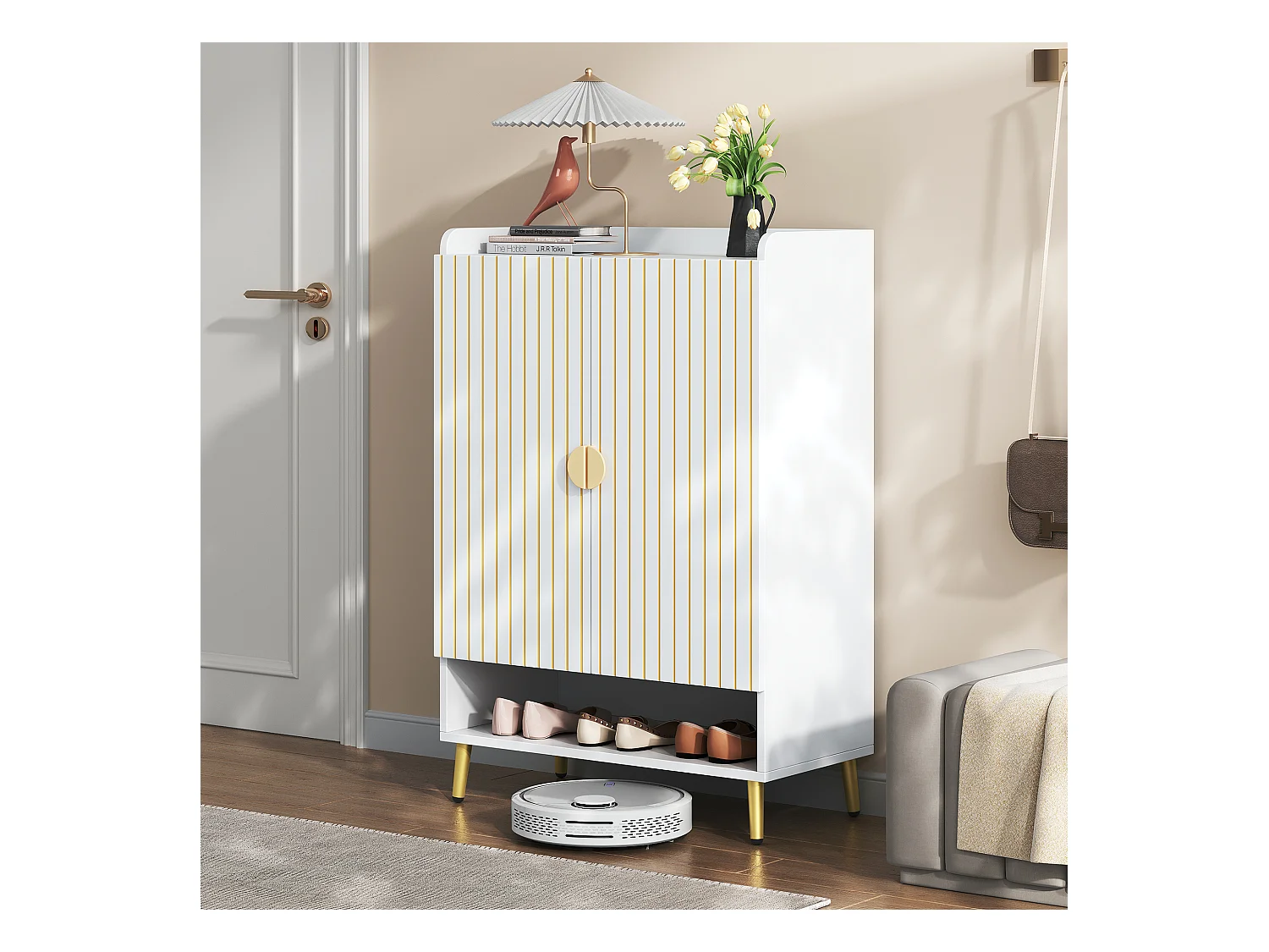 Zapatero de MDF blanco mate 3 estantes con entrada de cajón bajo 75x37x110 cm