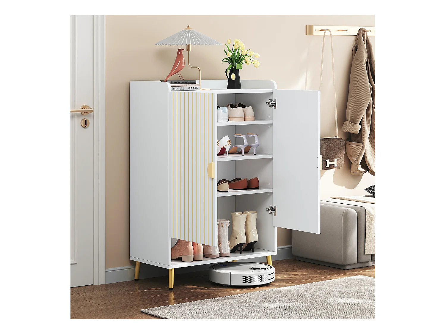 Zapatero de MDF blanco mate 3 estantes con entrada de cajón bajo 75x37x110 cm