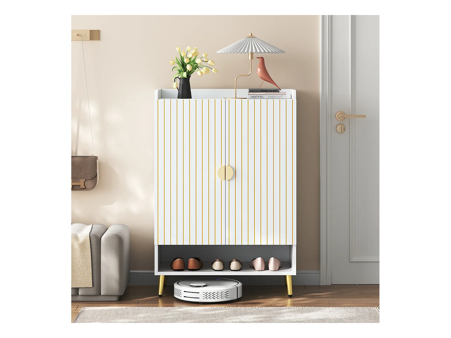 Zapatero de MDF blanco mate 3 estantes con entrada de cajón bajo 75x37x110 cm