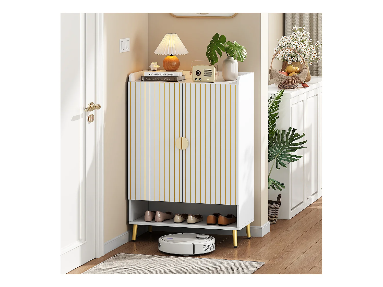 Zapatero de MDF blanco mate 3 estantes con entrada de cajón bajo 75x37x110 cm