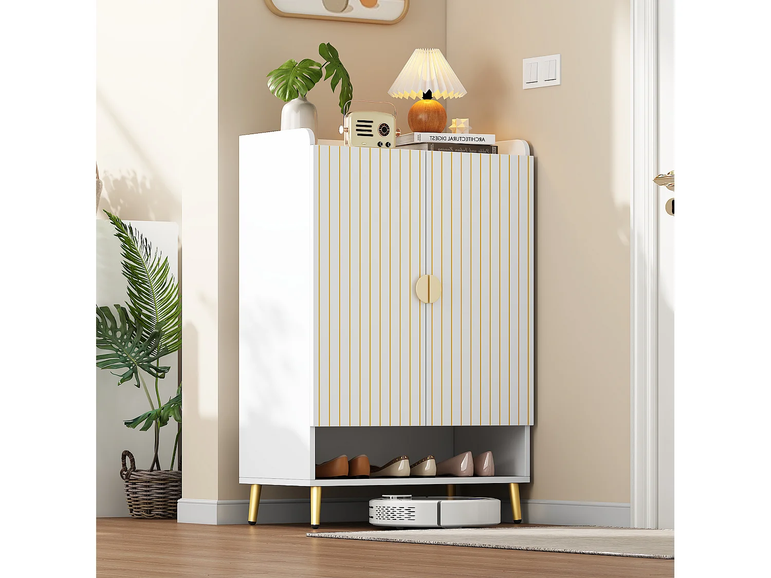 Mobile da pavimento MDF bianco opaco 3 ripiani con tiro basso ingresso 75x37x110 cm