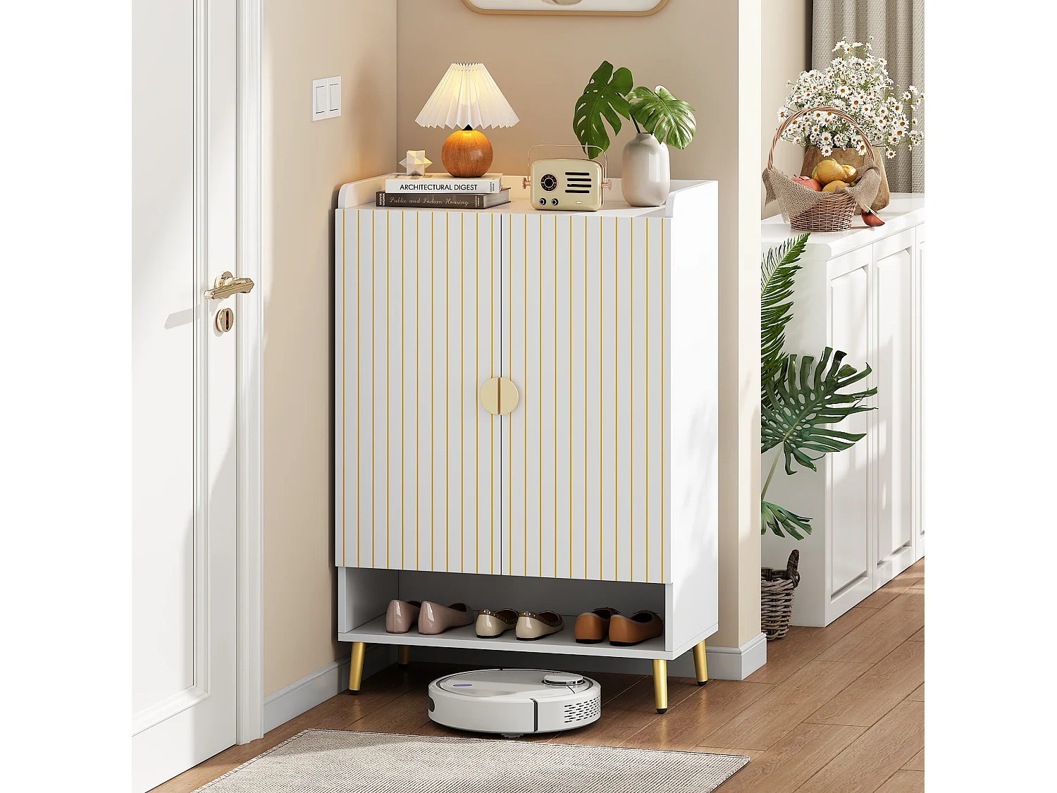 Mobile da pavimento MDF bianco opaco 3 ripiani con tiro basso ingresso 75x37x110 cm