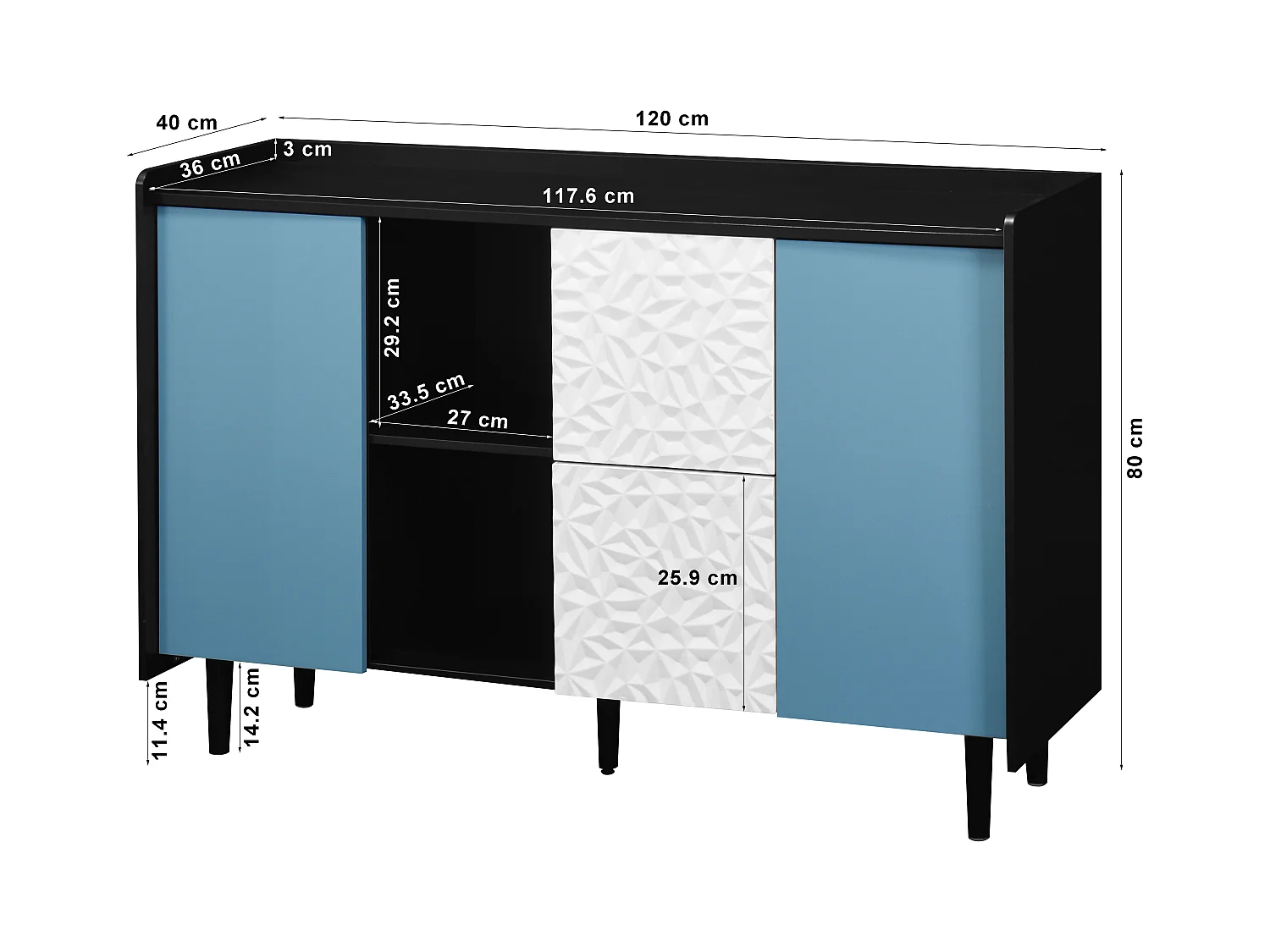 Aparador preto com portas azuis, 2 gavetas e 2 nichos abertos para cozinha sala 120x40x80 cm