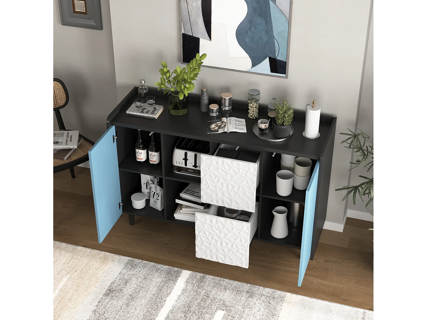 Aparador preto com portas azuis, 2 gavetas e 2 nichos abertos para cozinha sala 120x40x80 cm