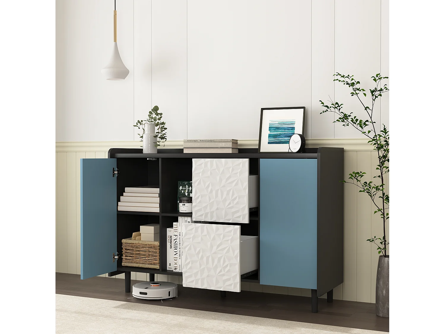 Aparador preto com portas azuis, 2 gavetas e 2 nichos abertos para cozinha sala 120x40x80 cm