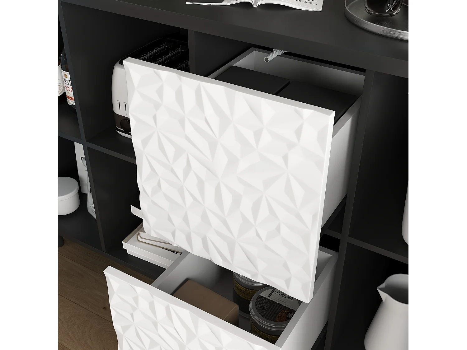 Aparador preto com portas azuis, 2 gavetas e 2 nichos abertos para cozinha sala 120x40x80 cm