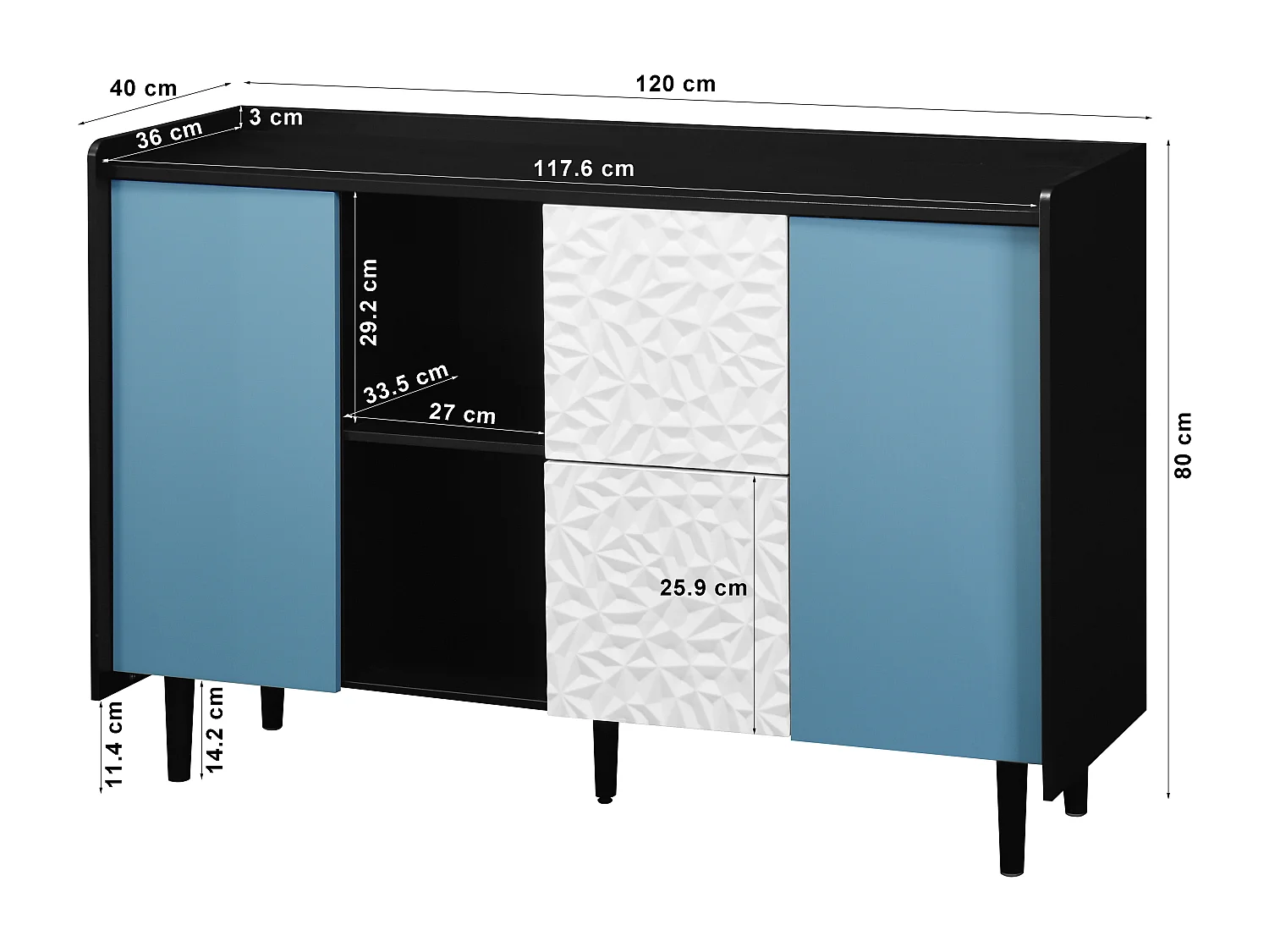 Aparador negro con puertas azules, 2 cajones y 2 nichos abiertos para cocina salón 120x40x80 cm