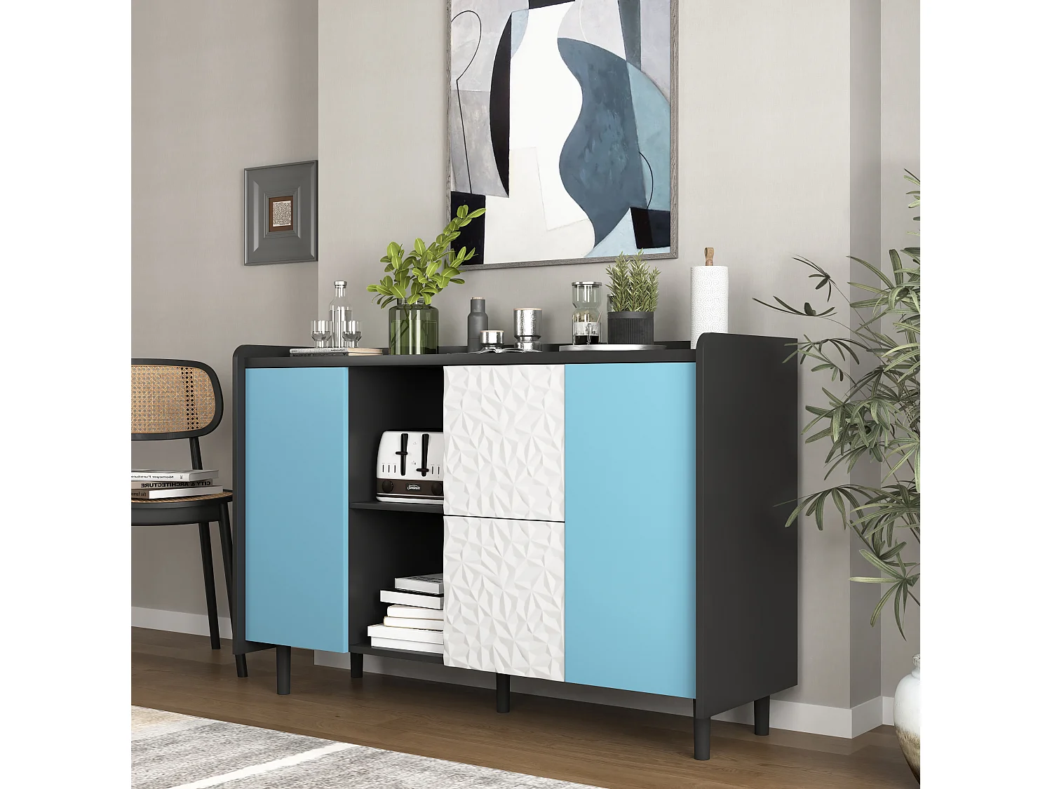 Aparador negro con puertas azules, 2 cajones y 2 nichos abiertos para cocina salón 120x40x80 cm