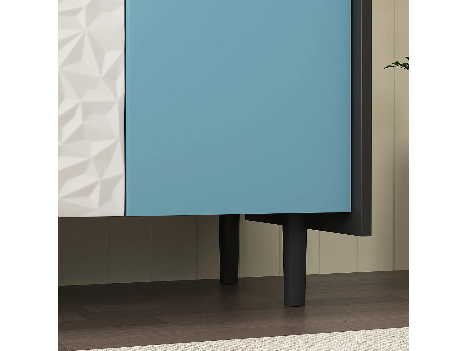 Aparador negro con puertas azules, 2 cajones y 2 nichos abiertos para cocina salón 120x40x80 cm