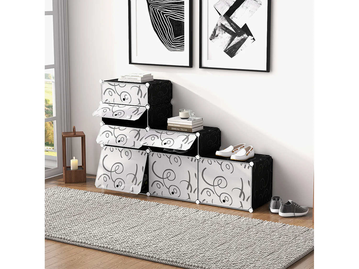 Mobile Portascarpe Modulare 16 Scomparti Nero e Bianco 95x37x160 cm