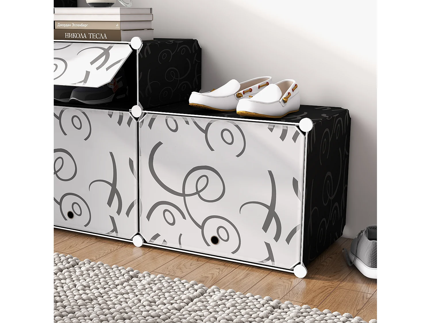 Mobile Portascarpe Modulare 16 Scomparti Nero e Bianco 95x37x160 cm