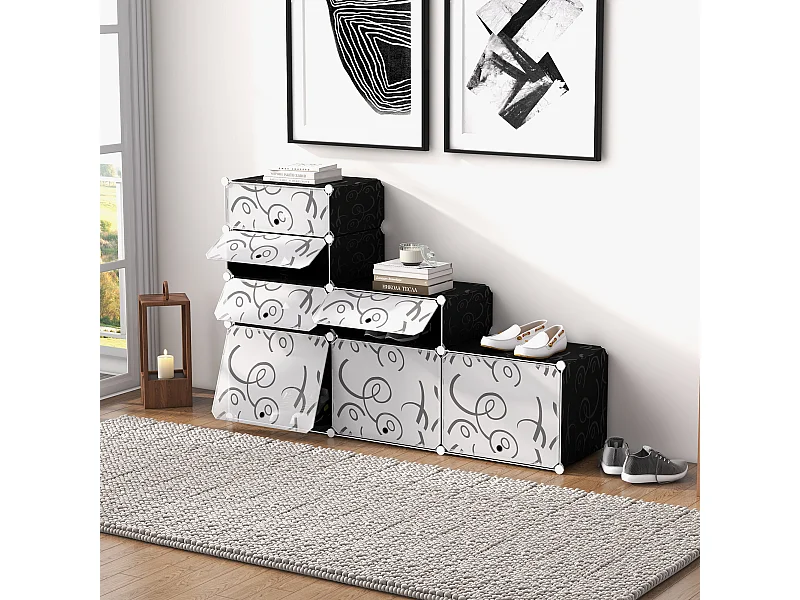 Mobile Portascarpe Modulare 16 Scomparti Nero e Bianco 95x37x160 cm