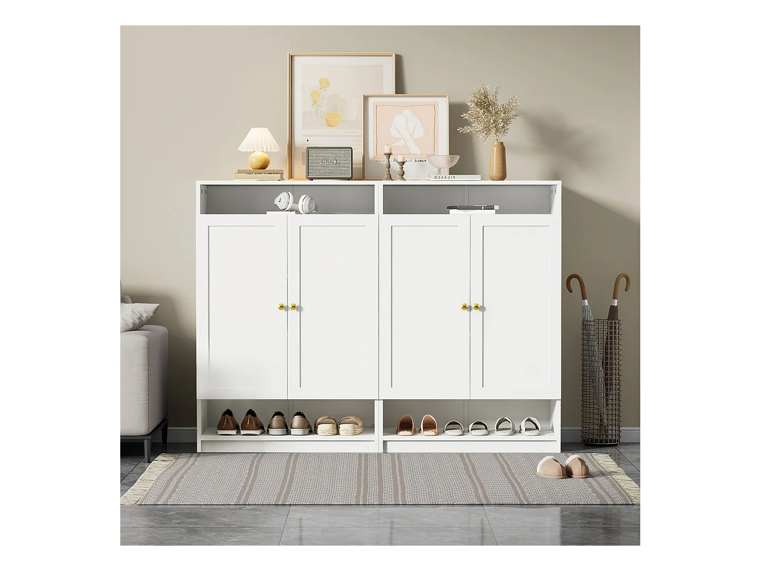 Mobile da pavimento bianco in pannello di legno, multifunzionale, ingresso 146x109 cm con ripiani