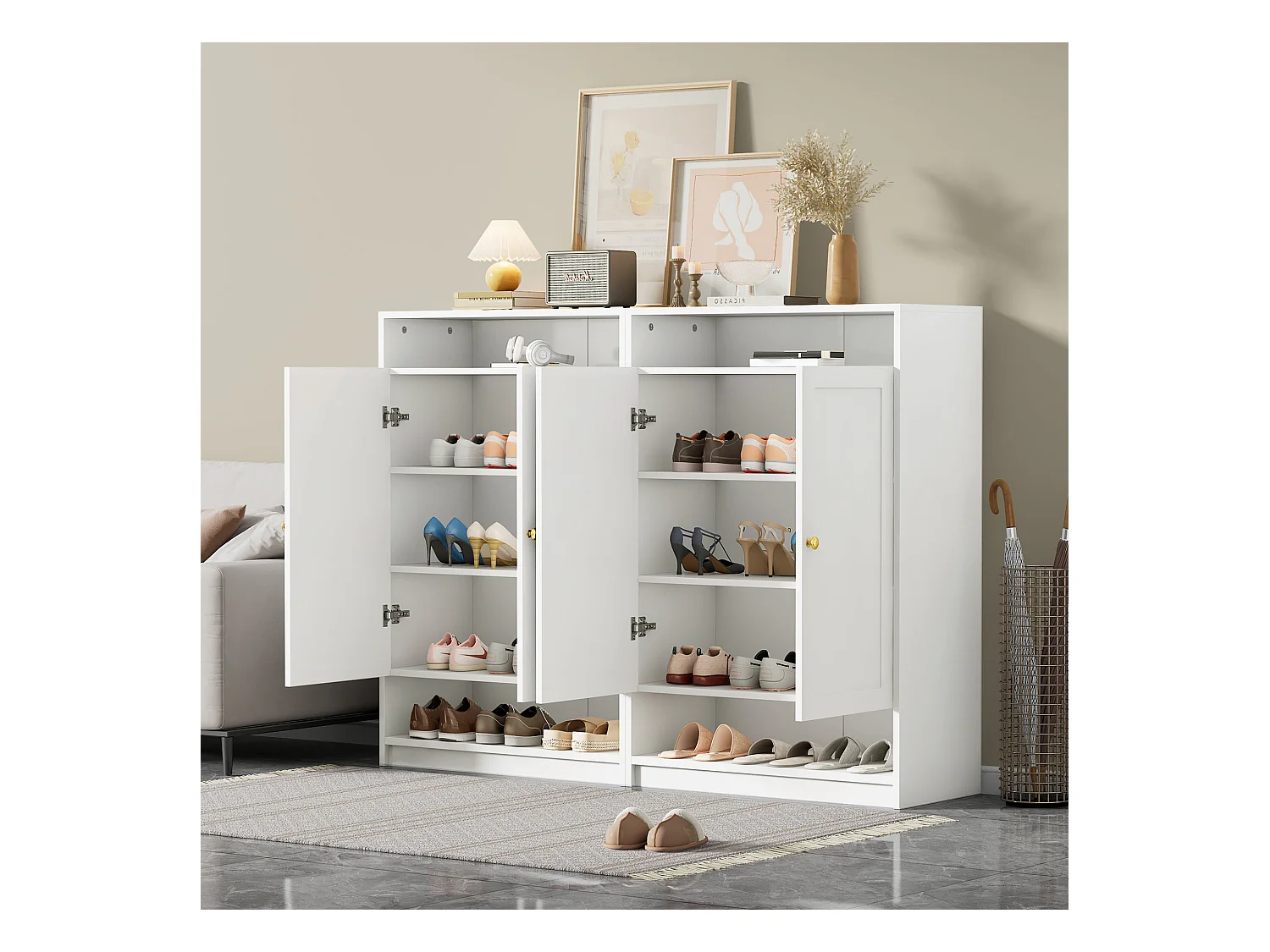 Mobile da pavimento bianco in pannello di legno, multifunzionale, ingresso 146x109 cm con ripiani