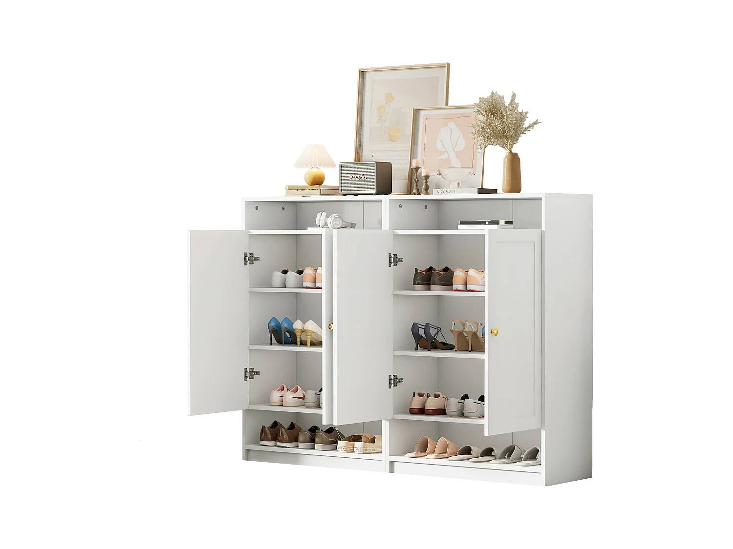 Mobile da pavimento bianco in pannello di legno, multifunzionale, ingresso 146x109 cm con ripiani