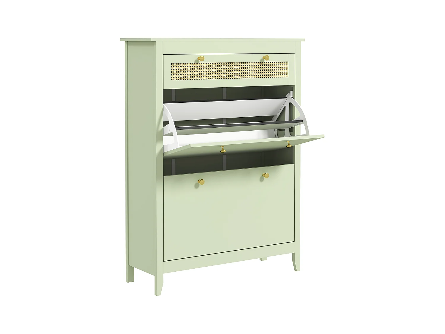 Zapatero de madera verde con 2 aletas y 1 cajón para entrada o pasillo 88x30x120 cm