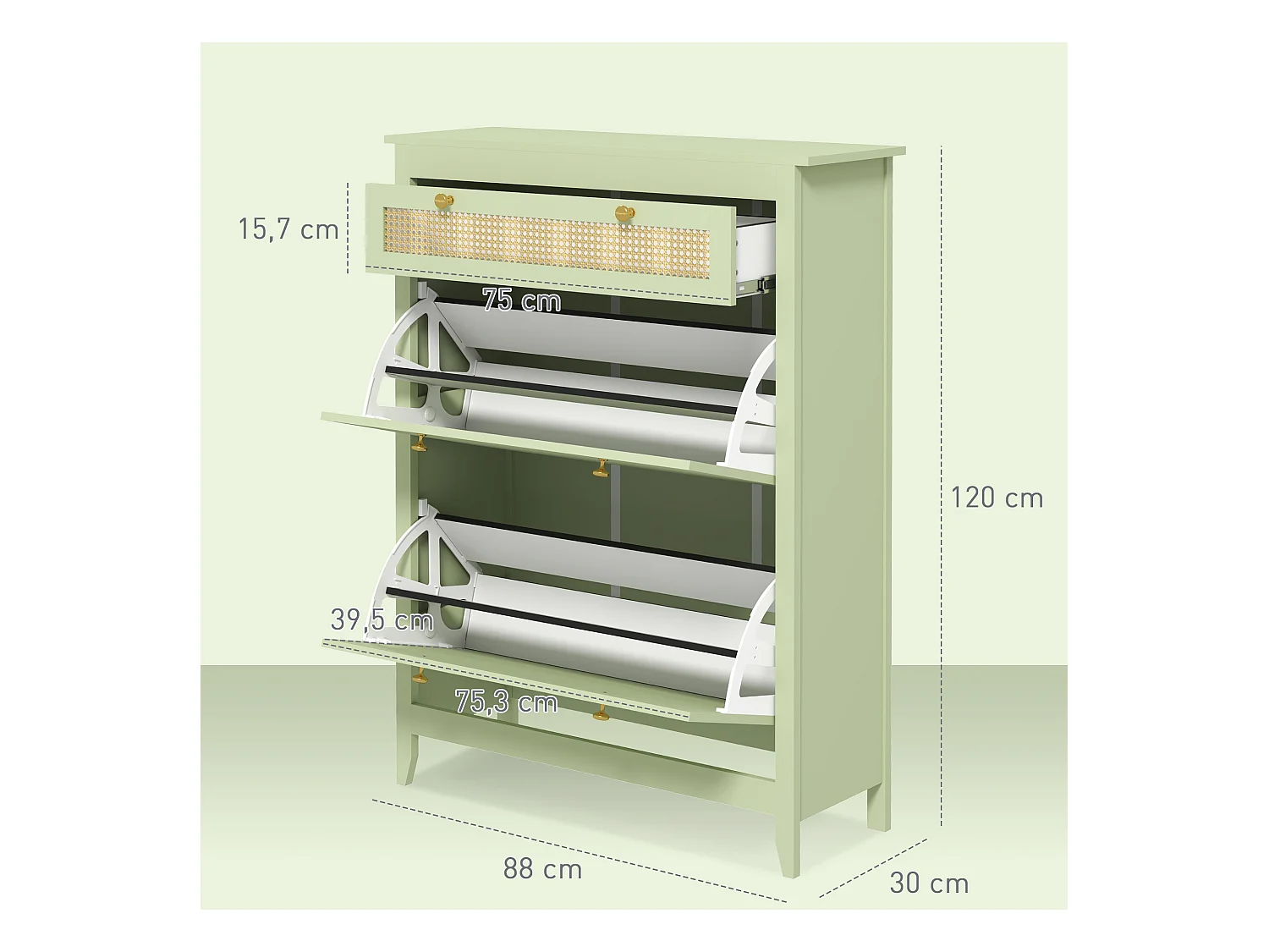 Zapatero de madera verde con 2 aletas y 1 cajón para entrada o pasillo 88x30x120 cm