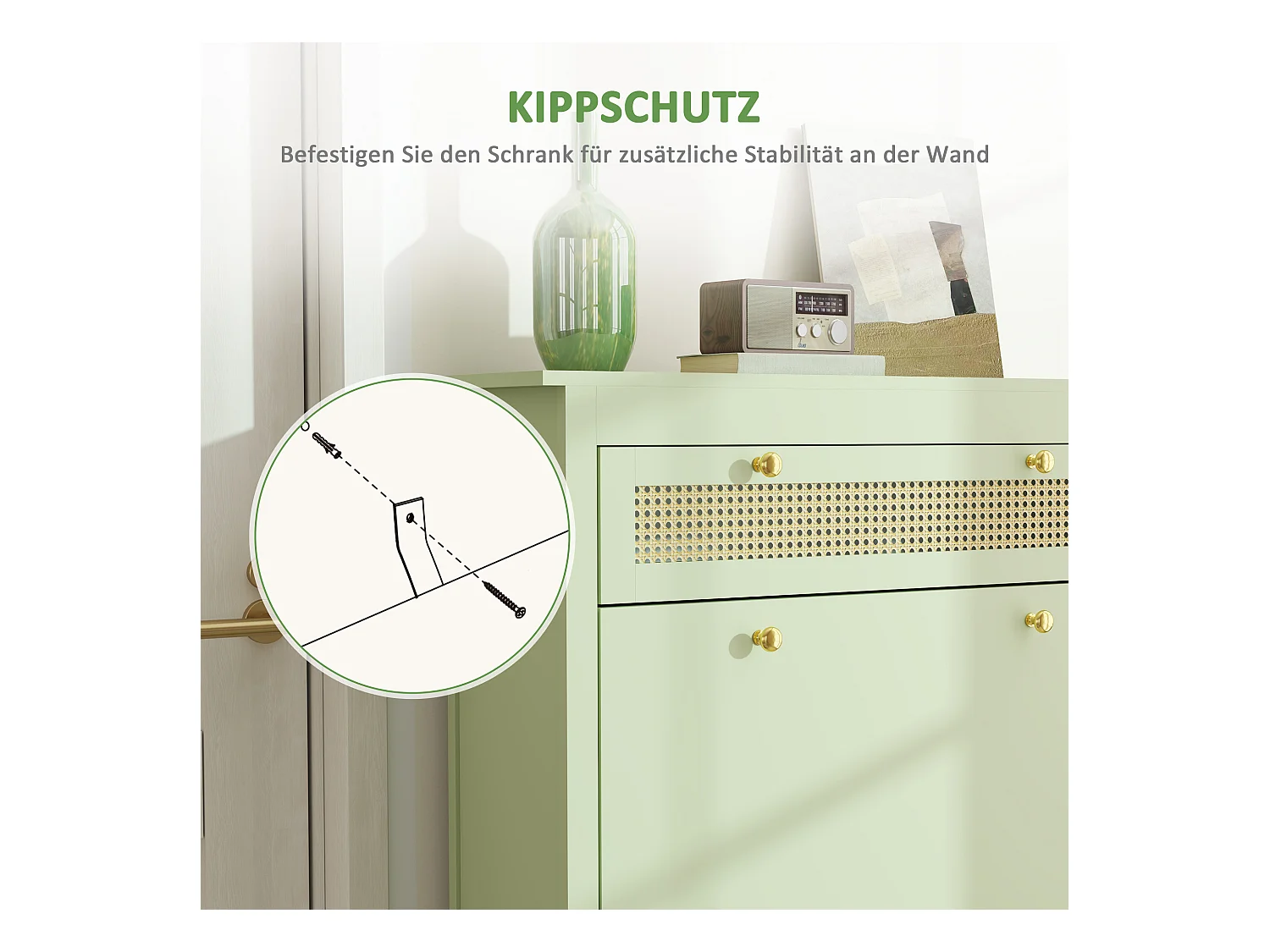 Zapatero de madera verde con 2 aletas y 1 cajón para entrada o pasillo 88x30x120 cm